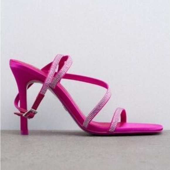 Zara Vibrant Pink Embellished Strappy Heeled Square Toe Sandals Women's Size 39 - Picture 1 of 14